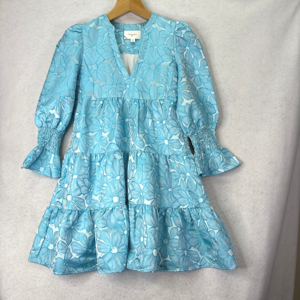 Pomander Place Blue Daisy Jacquard Kenzo Tiered Mini Dress XS Preppy Floral Girl